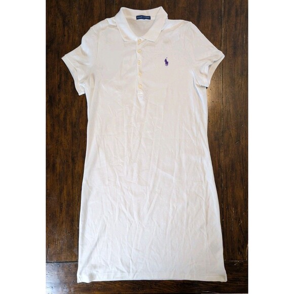 RALPH LAUREN Dress L White Polo Golf Short Sleeve Interlock Cotton Purple Pony - Picture 1 of 8